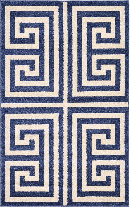 Unique Loom Athens Collection Classic Geometric Modern Border Design Area Rug (3' 3 x 5' 3 Rectangular, Navy Blue/ Beige)