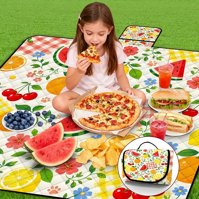 Extra Large Picnic Blanket Waterproof,80"x 80"Foldable Machine Washable Outdoor Blanket,Fruit Beach Blanket for 6-8 Adults,Picnic Mat Suitable for Indoor Crawling,Park Beach,Camping,Hiking,Travel