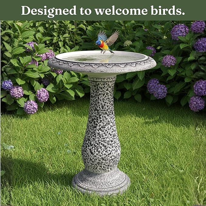 Bird Bath for Outside 23 Inch Speckled White - Stone-Resin Composite Pedestal Birdbath Bowl - Decorative Standing Outdoor Garden Decor for Front Porch Patio Yard Backyard Lawn Ornament