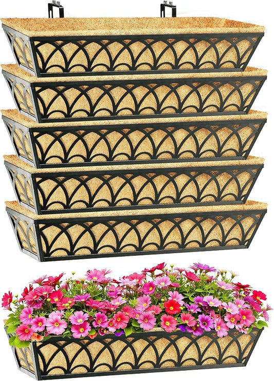 30 Inch Railing Planter Box Window Boxes Planters - 6 Pack Deck Railing Planter Boxes with Adjustable Brackets Coco Liners Balcony Planters Railing Hanging for Window Flower Boxes Outdoor Garden Decor