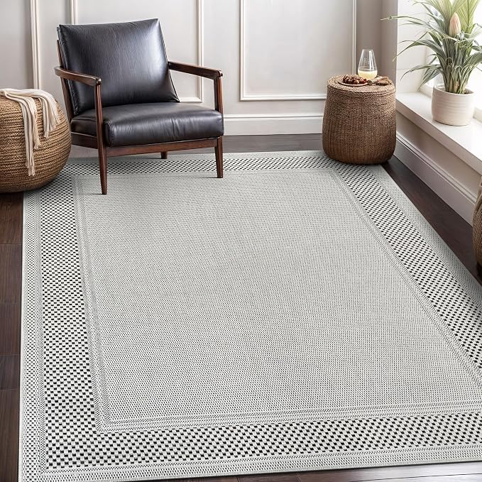 CAMILSON Easy Jute Rug 10x14, Indoor Outdoor Off-White Color Fiber Area Rugs for Living Room Patio and Dining Room Rug, Bordered Boho Woven Design, Easy-Cleaning, Washable Outside Carpet (10 x 14)