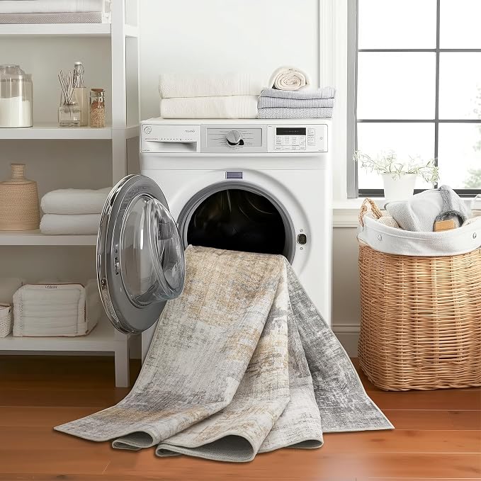 Machine Washable Area Rug Runner - Living Room Bedroom Bathroom Kitchen Entryway Office - Padded Low Pile Stain Resistant Premium - Modern Abstract Contemporary - Quinn - Beige 2'6" x 8'
