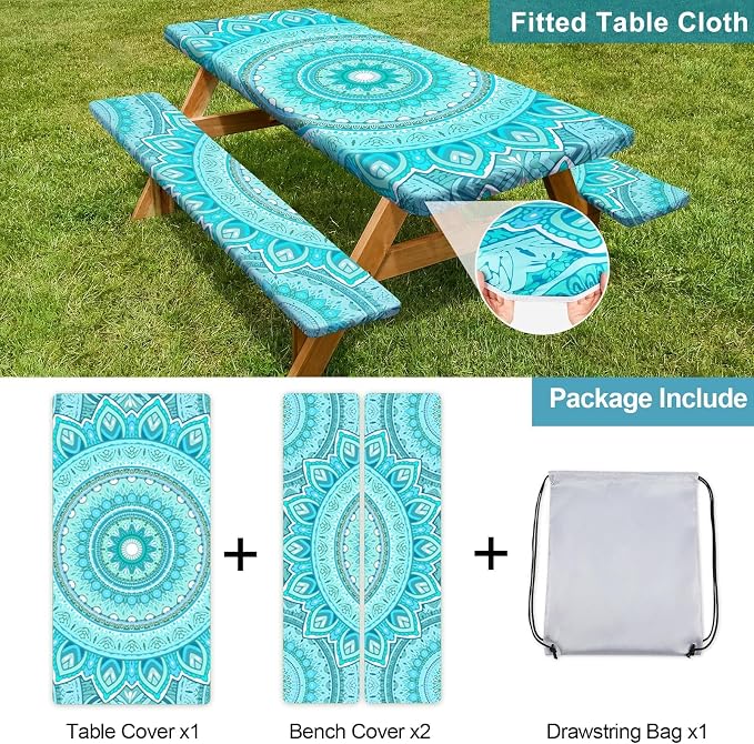 Play Tailor Picnic Table Cover with Bench Covers Camping Essentials Waterproof Windproof Camping Tablecloth with Drawstring Bag, Fitted Rectangle Tables and Seats, 72in, Ice Blue