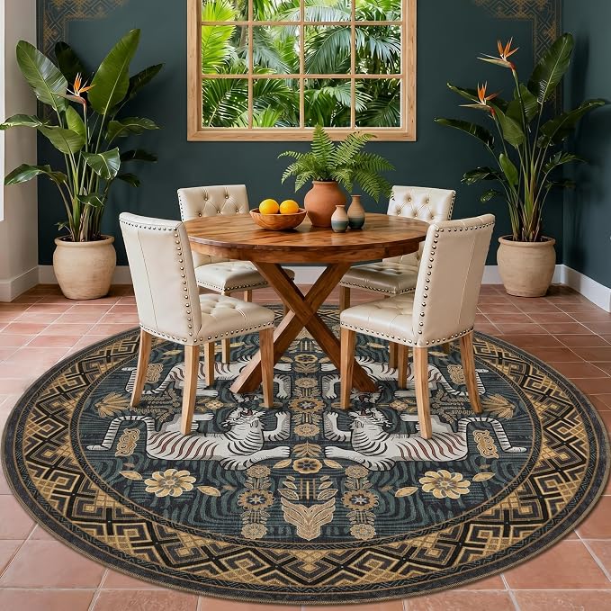 GarveeHome Tiger Round Area Rugs Boho Living Room Non Slip Washable Vintage | 8ft Blue Animal Print Circle Rugs, Tribal Floor Carpet for Dining Room Entryway Nursery Playroom Office