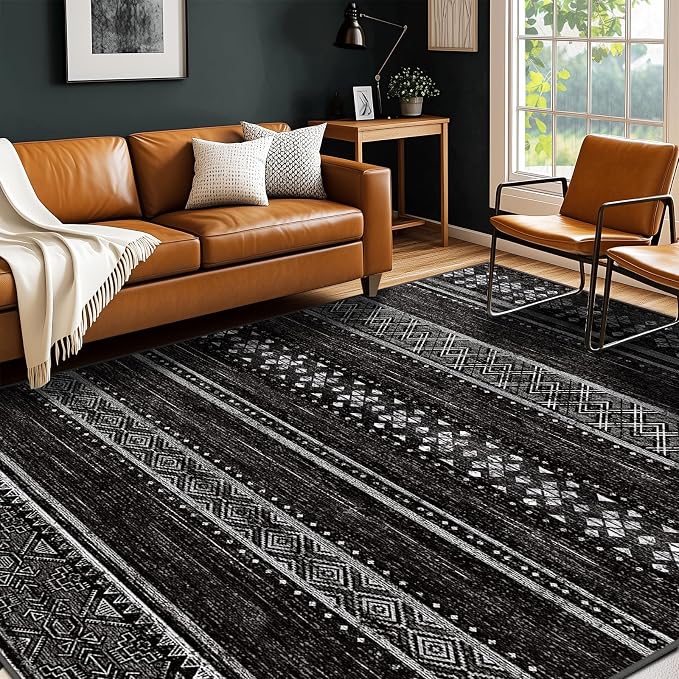 6x9 Washable Area Rugs for Living Room Boho Bedroom Rug Black/White | Vacuum Friendly, Machine Washable, Non-Slip Rug, Stain Resistant, Moroccan Geometric, Low Pile Carpet, Dining Room Kitchen