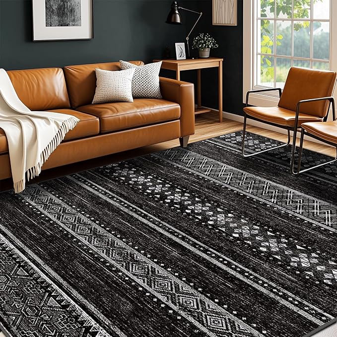 5x7 Washable Area Rugs for Living Room Boho Bedroom Rug Black/White | Vacuum Friendly, Machine Washable, Non-Slip Rug, Stain Resistant, Moroccan Geometric, Low Pile Carpet, Dining Room Kitchen