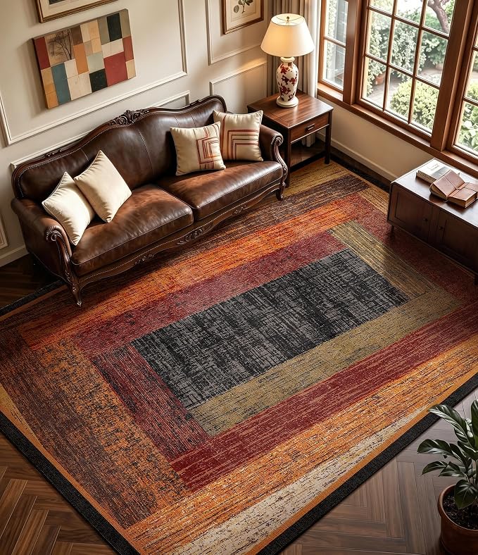 Brown Geometric Woody Area Rug 6x9 for Living Room,Retro Farmhouse Rugs Washable,Vintage Rug Non Slip, Boho Area Rug for Kitchen,Dining Room,Bedroom