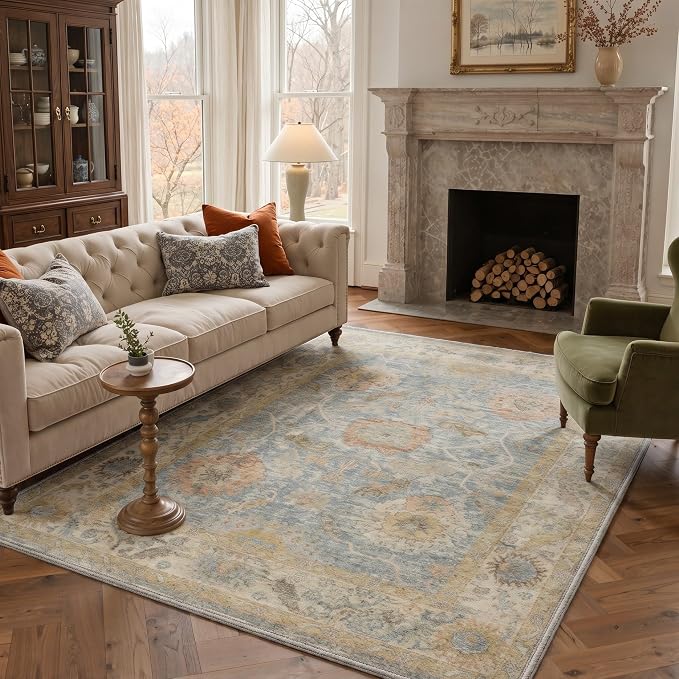 8X10 Living Room Area Rug, Boho Vintage Floral Washable Non Slip | Floral Vintage Rug for Bedroom Dining Room, Dusty Blue Soft Low Pile Faux Wool, Stain Resistant Non-Shedding Pet-Friendly