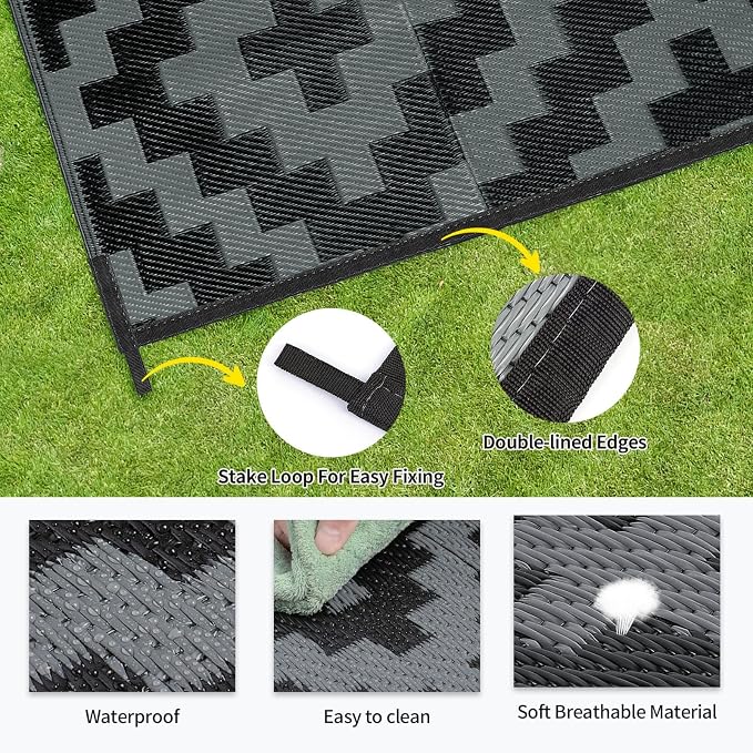 Outdoor Patio Plastic Straw Rug - 9x18 ft Outdoor Camping Rug Waterproof Reversible, Area Carpet Patios RV, Outside Porch Balcony Deck for Camper, Black & Grey