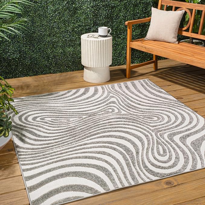 JONATHAN Y Maribo High-Low Abstract Striped Gray/Ivory 5x5 Square Indoor/Outdoor Area Rug, Pet Friendly, Non-Shedding, Stain Resistant, Easy-Cleaning for Backyard, Patio, Porch (SCN103B-5SQ)
