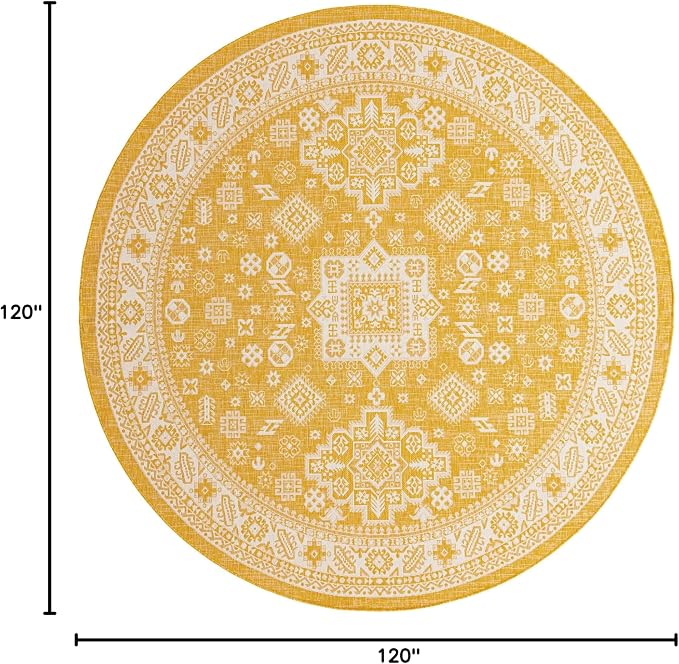 Unique Loom Outdoor Aztec Collection Area Rug - Chalca (10' Round, Yellow/ Ivory)