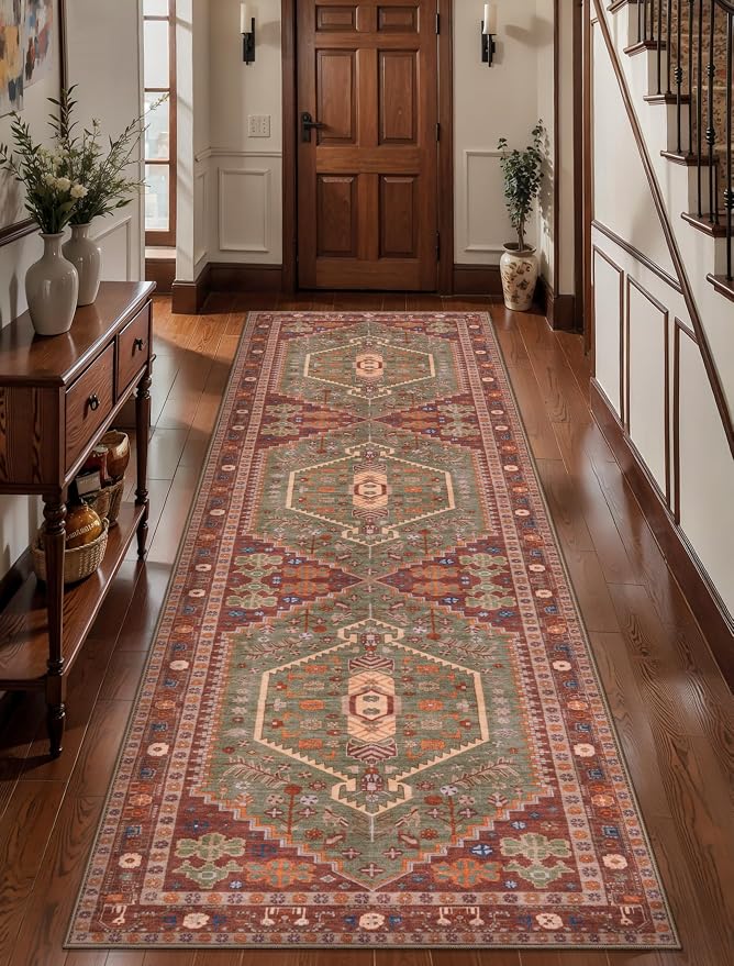 Ciicool 2x7ft Runner Rug,Vintage Washable Area Rugs for Hallway Kitchen | Terracotta/Green Oriental Indoor Thin Boho Entry Carpet for Entrance Bedroom Bedside Living Room Laundry Bathroom Decor