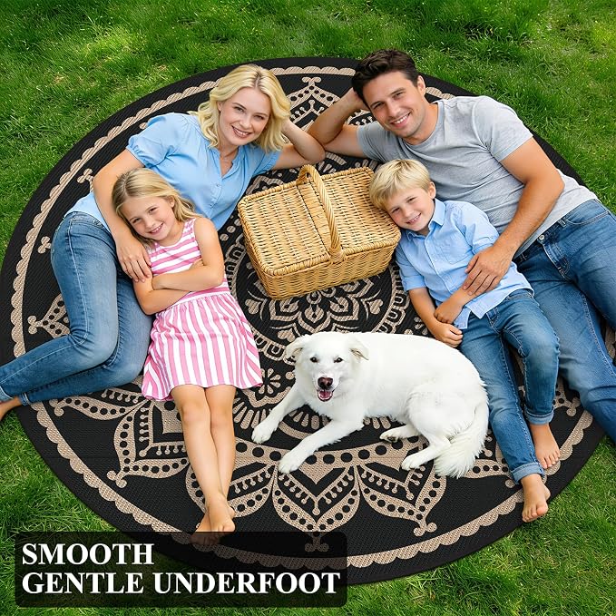 Bsmathom Waterproof Outdoor Rug, 6ft Round, Black | Reversible, Boho Plastic Straw, Portable RV Mat, For Patio Deck Camping Porch Balcony Backyard Beach Pool