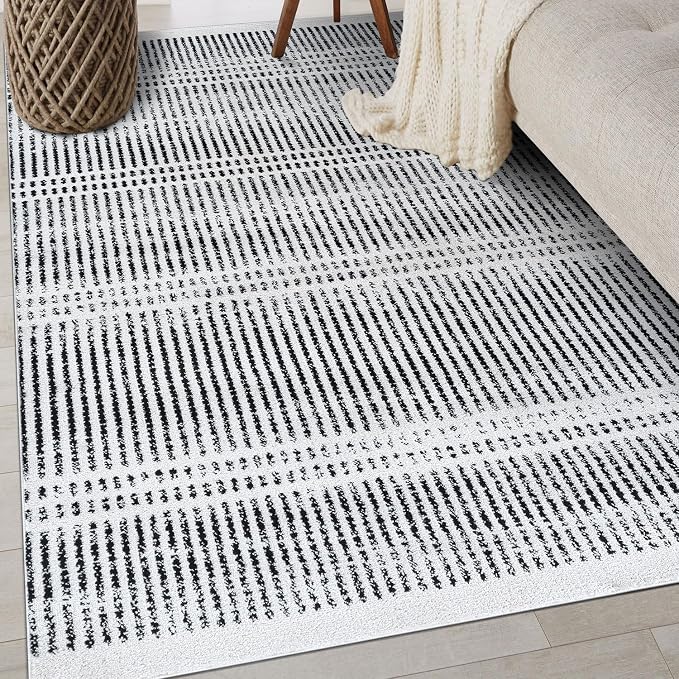 Rugshop Contemporary Stripe Lines High Traffic Area Rug Cream 5' x 7' | Rectangular, Size 5' x 7', Living Room, Bedroom, Dining Room, Home Office, Kitchen, Entryway, Hallway, Nursery, Kids Room