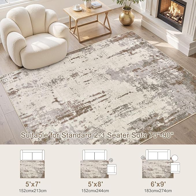 UERMEI 5x7 Area Rug Living Room Rugs - Washable Neutral Modern Abstract Soft Thin Rug Indoor Floor No Slip Rug Carpet for Bedroom Under Dining Table Home Office Decor - Brown/Grey/Beige