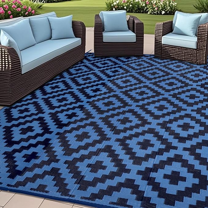 SAND MINE Reversible Mats, Plastic Straw Rug, Modern Area Rug, Large Floor Mat and Rug for Outdoors, RV, Patio, Backyard, Deck, Picnic, Beach, Trailer, Camping, Blue, 6' x 9'