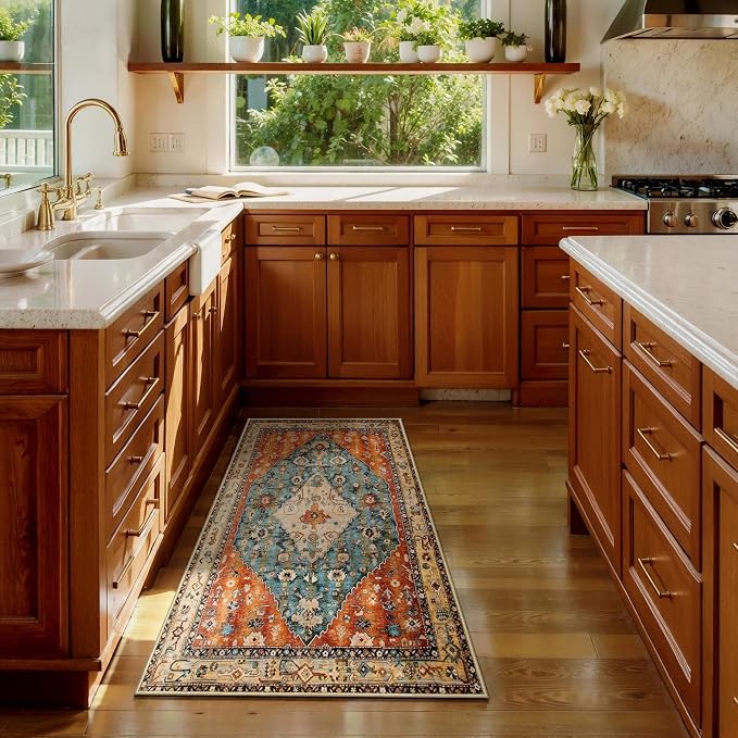 SERISSA 2x4 Washable Non Slip Boho Runner Rug for Entryway | Ultra Soft Vintage Oriental Carpet Low-Pile Tribal Entrance Carpet for Kitchen Bedroom Hallway Laundry Room Bathroom