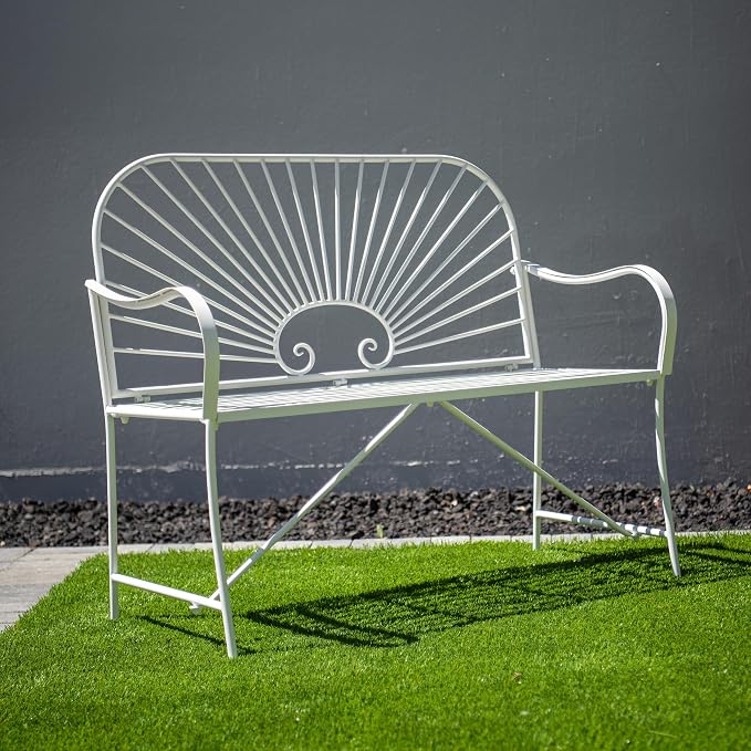 XBrand 44" L Iron Sun-Patterned Seat for Two, Patio & Porch Furniture for Park, Yard, Lawn, Balcony, Backyard – White