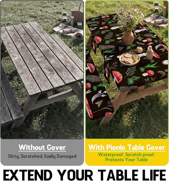 Fitted Picnic Table Cover with Bench Covers Vinyl Waterproof Elastic Edges Fitted Rectangle Table Cloth Patio Tablecloth Camping Essentials Rv Gear Accessories Road Trip Supplies Car Travel Must Have