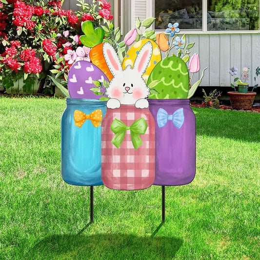 MorningRo Easter Yard Decor Outdoor, 26" Cute Bunny Metal Decorations, Easter Metal Yard Stakes Sign Bunny Mason Jar Garden Stake for Outdoor Spring Holiday Pathway Home Lawn Garden Sign Decor