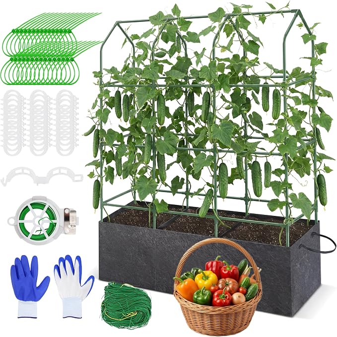63in A-Adjustable MetalCucumber Trellis Kit with Planting Bags, Garden Trellis for Climbing Plants Outdoor Vertical Vegetable Support for Cucumbers Tomatoes Beans Peas Raised Bed and Patio Garden
