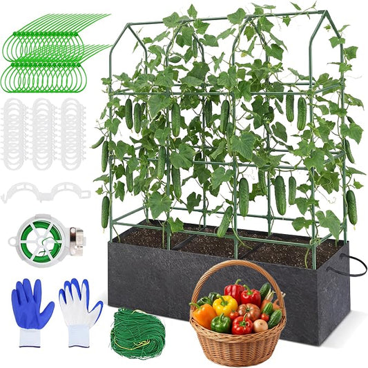 63in A-Adjustable MetalCucumber Trellis Kit with Planting Bags, Garden Trellis for Climbing Plants Outdoor Vertical Vegetable Support for Cucumbers Tomatoes Beans Peas Raised Bed and Patio Garden