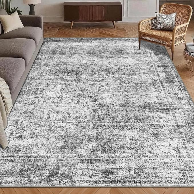 Washable Area Rug 9' x 12' Vintage Traditional Persian Mat - Foldable Distressed Non-Slip Machine Washable Carpet for Living Room Bedroom Kitchen Home Decor - Graphite and Mist