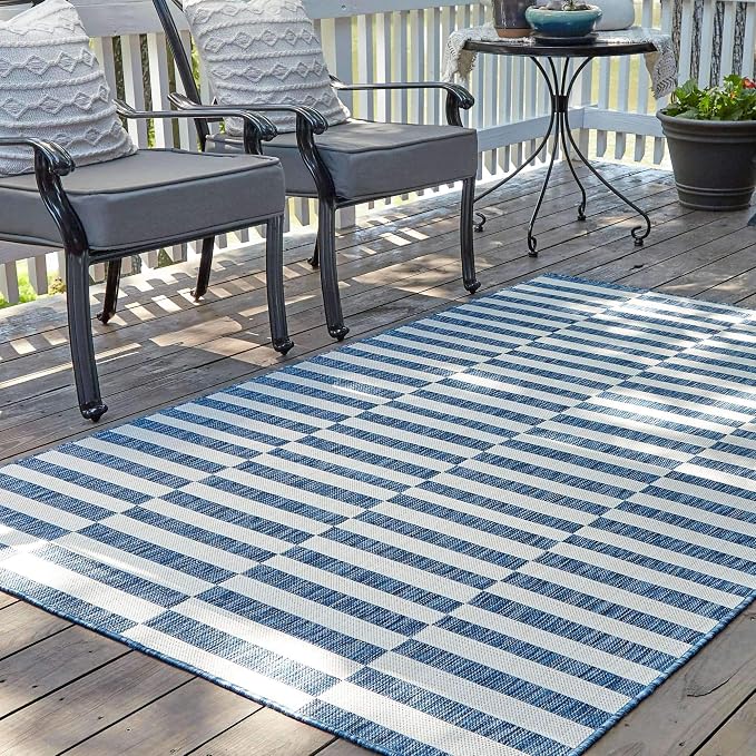 Unique Loom Outdoor Striped Collection Area Rug - Striped (7' 1" x 10' Rectangle, Blue/Ivory)