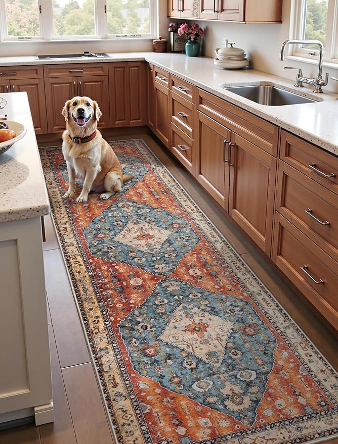 SERISSA 3x8 Washable Non Slip Boho Runner Rug for Hallway | Ultra Soft Vintage Oriental Carpet Low-Pile Tribal Floor Carpet for Stair Kitchen Bedroom Bathroom Laundry Room