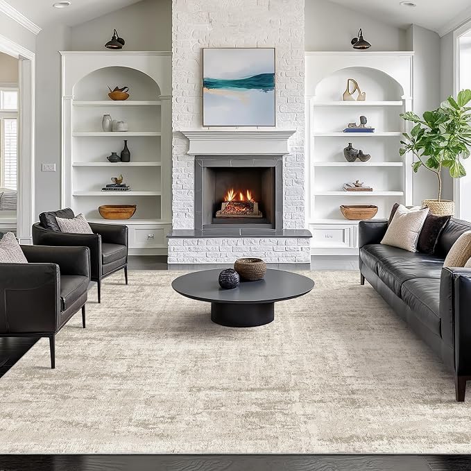 Valenrug 7x9 Area Rug, Abstract Washable Area Rugs for Living Room, Beige | Soft & Lighweight, Folable, Stain Resistant Low Pile Thin Indoor Distressed Carpet Rugs for Bedroom,Laundry Room,Kitchen
