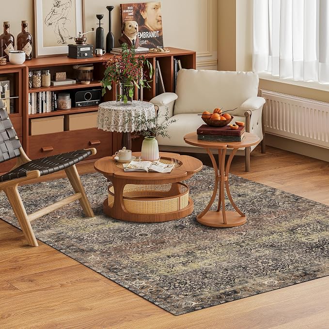 Washable Area Rug 8' x 10' Vintage Traditional Persian Mat - Foldable Distressed Non-Slip Machine Washable Carpet for Living Room Bedroom Kitchen Home Decor - Umber and Slate