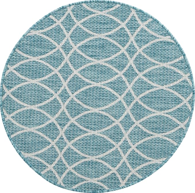 Unique Loom Outdoor Trellis Collection Area Rug - Gitter (3' 1" Round, Light Aqua/ Ivory)