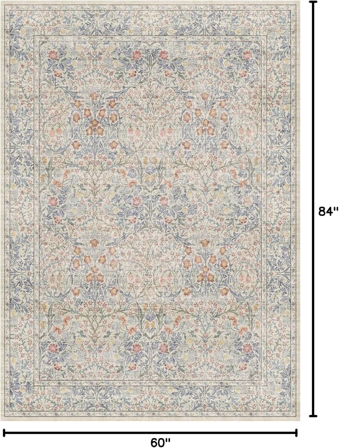Beige Blue Living Room Rug 5x7, Cottage Area Rug for Bedroom, Vintage Washable Floral Mat for Nursery, Office, Low Pile Non Slip Stain Resistance French Country Style Retro Indoor (5x7 Beige Blue)