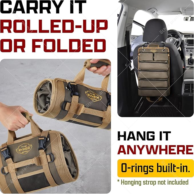 Ryker Original Heavy Duty Roll Up Tool Bag Organizer w/Detachable Pouches | Tool Roll Up Bag Dad Gifts for men / him. Portable Truck & Motorcycle accessories. Mechanic & Electrician Rollup Tools Bags