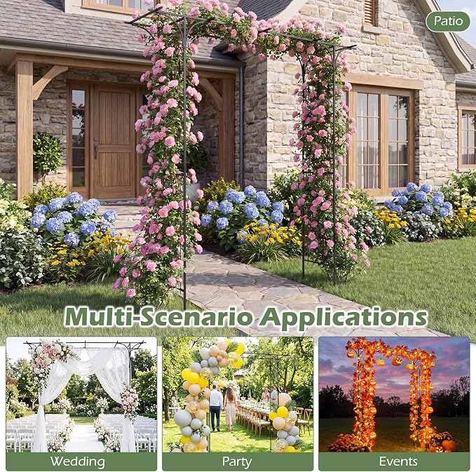 Giantex Metal Garden Arbor with Flat Top Roof, 85" Heavy Duty Outdoor Arch Trellis with Pointed Legs for Climbing Plants, Decorative Wedding Archway for Backyard, Lawn, Party Backdrop