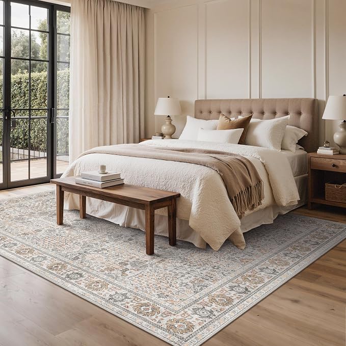 6x9 Area Rugs for Living Room, Washable Low Pile, Beige Grey | Vintage Distressed Design, Spill Resistant Lightweight Non-Shedding Carpet for Bedroom, Dining Room, Office