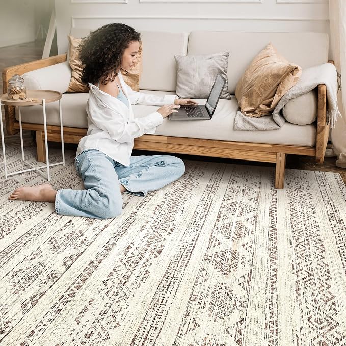 Tortania Area Rug Living Room Rugs - 6x9 Washable Large Soft Neutral Boho Moroccan Bohemian Farmhouse Rug Indoor Floor Carpet for Bedroom Under Dining Table Home Office Decor - Brown