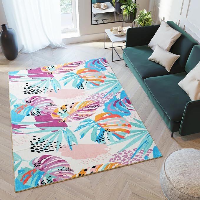 RoomTalks Tropical Leaves Washable Rug, Colorful Pink Blue Boho Cute Floral Aesthetic 3x5 Area Rugs for Bedroom Dorm Living Room Kitchen, Modern Abstract Art Palm Leaf Thin Indoor Entryway Carpet