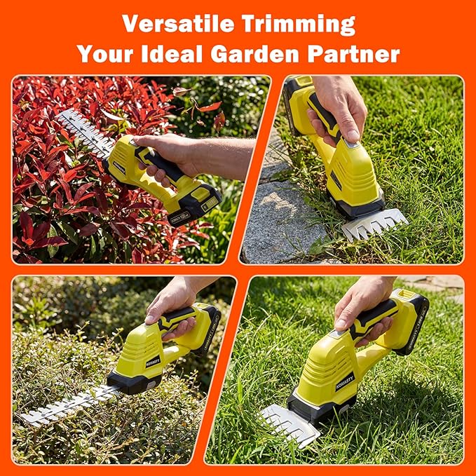 20V Hedge Trimmer Cordless with 2 Battery and Charger, 2 in 1 Electric Hedge Shears, Shrub Trimmers with 2 Blades, Battery Powered Bush Trimmer Mini Handheld Grass Cutter Yard Tool