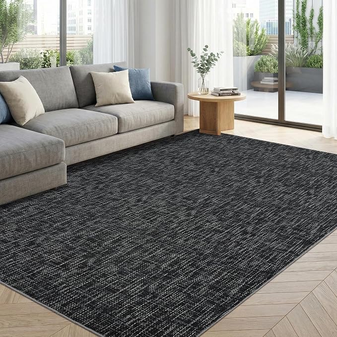Garvee Modern 5x7 Rugs for Entryway Solid Color Washable Area Rugs, Black | Rubber Backing Neutral Textured Non Shedding Stain Resistant Low Pile Foldable Soft Rug for Bedroom Nursery Living Room