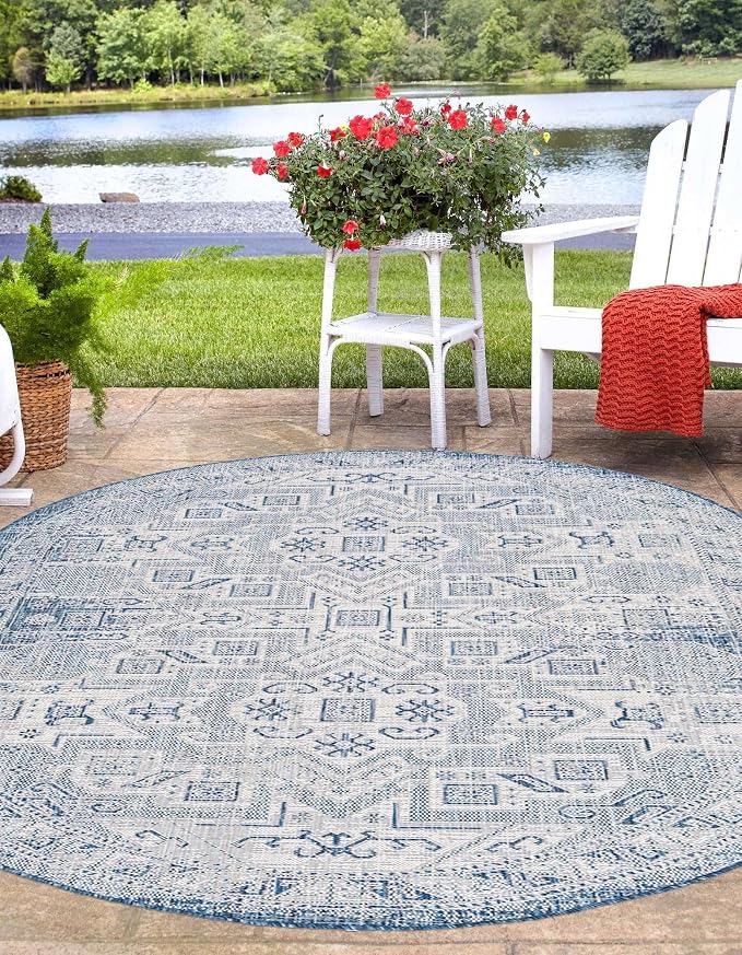 Unique Loom Outdoor Aztec Collection Area Rug - Coba (3' 3" x 5' 3" Oval, Blue/ Ivory)
