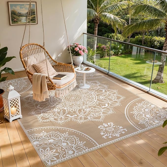 Pauwer Waterproof Outdoor Rug 9x12, Reversible Plastic Straw Patio Camping Rug, Indoor Outdoor RV Mat Carpet for Deck, Camper, Porch, Balcony, Backyard, Picnic, Floral Brown