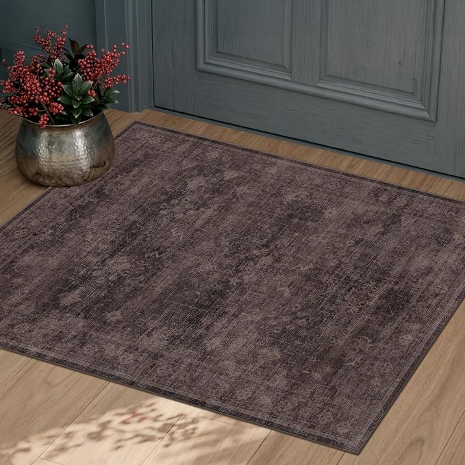 Washable 2x3 Entry Rug for Entryway, Kitchen, Low Pile Anti-Slip Stain Resistant Front Door Mat, Dark Taupe Brown Modern Farmhouse Neutral Distressed Geometric Throw Area Rug for Bathroom