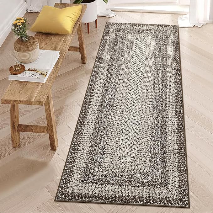 RUGSREAL Washable 2x10 Runner Rug for Hallway Kitchen Modern Runner Rugs | Long Runner Throw Carpet with Rubber Backing, Stain Resistant Braided Printed Entryway Carpet for Bedroom Living Room, Mocha