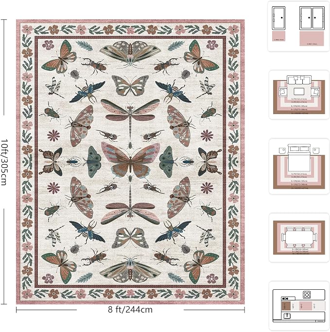 8x10 Area Rugs, Insect Ultra Soft Washable Rug Non Slip with Rubber Back, Stain Resistant Rugs for Living Room, Bedroom, Dining Room, Kids Room(Pink Butterfly)