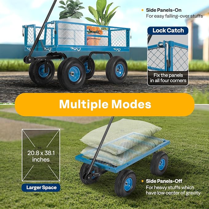 VIVOHOME Heavy Duty 880 Lbs 4.5 Cu Ft Mesh Steel Garden Cart Utility Wagon | Removable Sides and 4.10/3.50-4" Wheels 10 inch Tire (Blue)