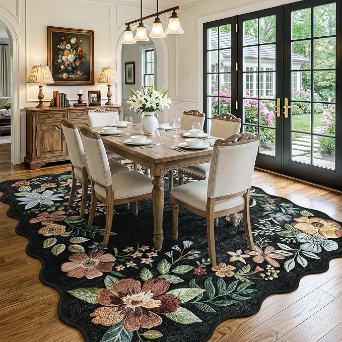 FMFUNCTEX 8x10 Washable Black Floral Vintage Boho Area Rug for Living Room | Soft Flower Colorful Traditional Distressed Non Slip Low Pile Large Indoor Thin Carpet Bedroom Dining Room Nursery,Black/Grey