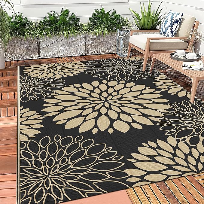 Ileading Waterproof Outdoor Rug 5x8, Reversible Plastic Straw Patio Rug, Portable Indoor Outdoor RV Camping Mat Carpet for Deck, Porch, Balcony, Backyard, Picnic, Floral Black