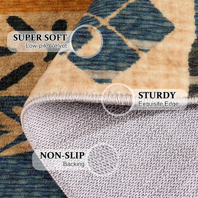 6x9 Area Rug for Living Room, Washable Navy Rust Animal Patchwork Design | Soft Faux Wool Low-Pile Rug with Non-Slip TPR Backing for Living Room, Bedroom, Dining Room and Home Office