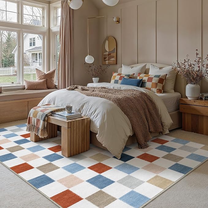 Colorful 8x10 Washable Area Rug Living Room Large Non Slip Carpet | Soft, Low Pile, Modern, Pet Friendly, Indoor Rugs for Bedroom, Office, Nursery, Dining Room, Kids Room